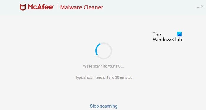 McAfee Malware Cleaner ระหว่างการสแกน