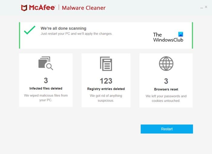 McAfee Malware Cleaner scan summary