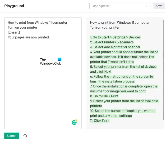 OpenAI Playground Insert Mode