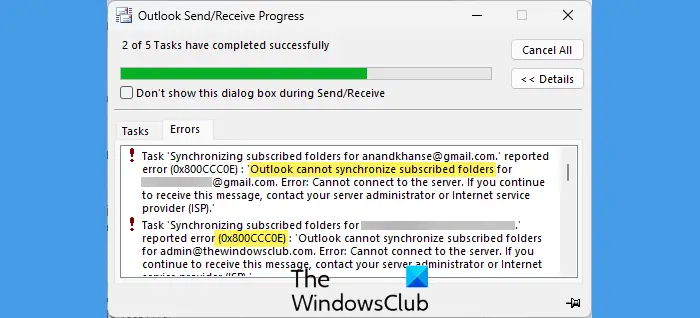 Outlook cannot synchronize subscribed folders, Error 0x800CCC0E