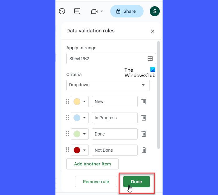 Saving a data validation rule in Google Sheets