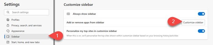 The Sidebar section on Edge Settings page