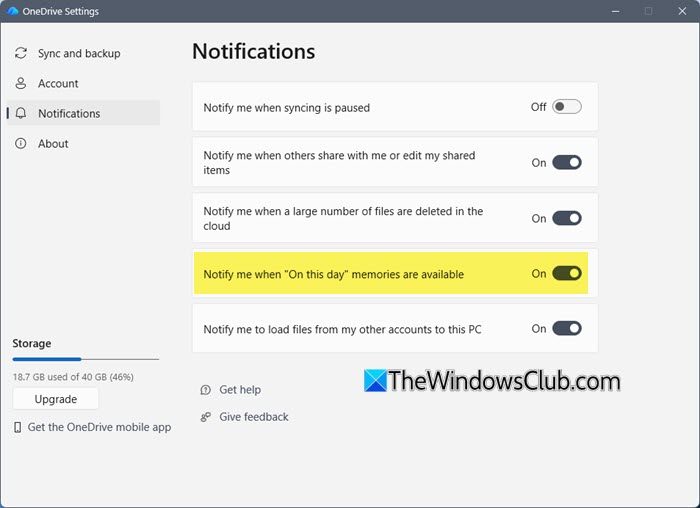 Turn off OneDrive On this day memories