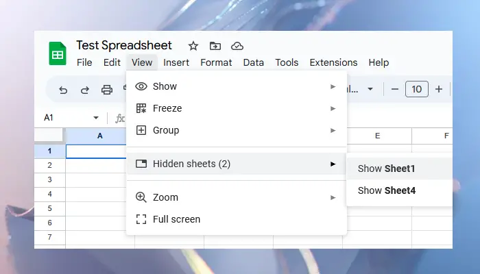 Unhide sheets or tabs in Google Sheets