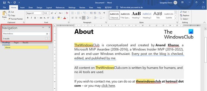 Use Ctrl+F to Find words in MS Word