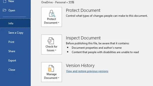 View Version History in Office Versions 2019 - 2016