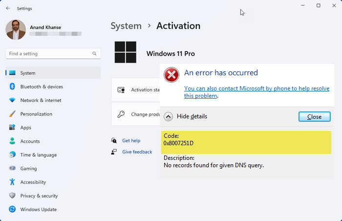 Windows Activation Error 0x8007251D