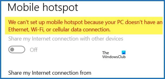 We can't set up a mobile hotspot because your PC doesn't have an ethernet