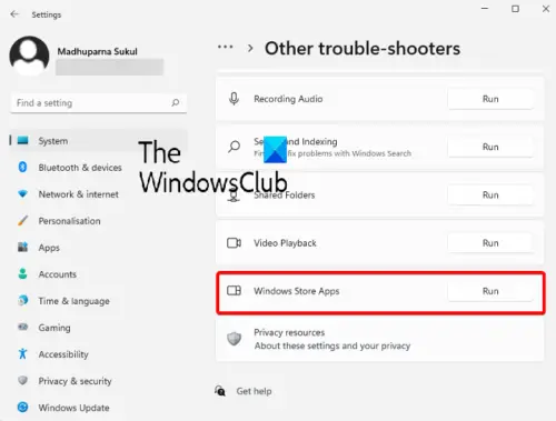Run Windows Store Apps Troubleshooter - Windows 11