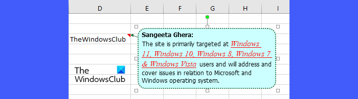 A completely formatted comment box in Excel