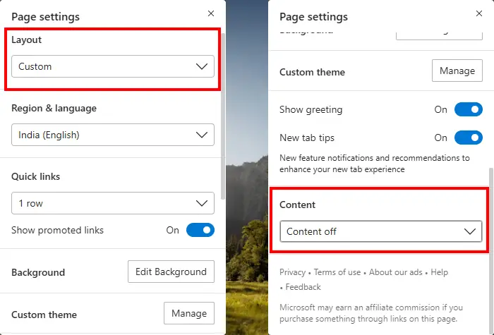 Change Edge Home Page layout setting