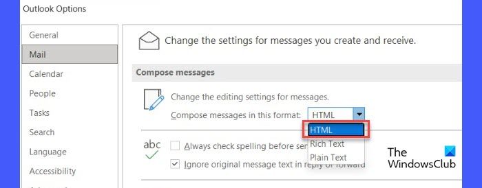 Changing compose mail format in Outlook