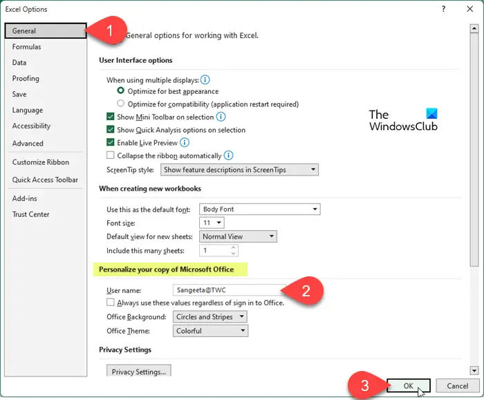 Changing the user name for comments in Excel