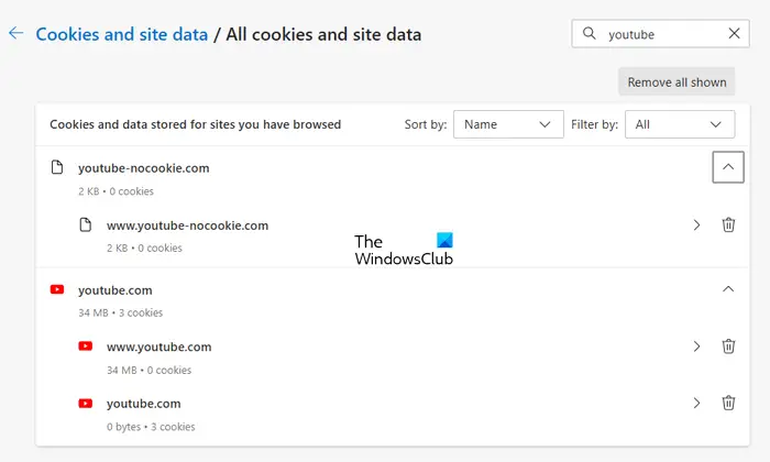 Clear YouTube cache and cookies in Edge