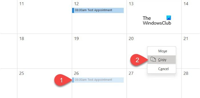 Copy an appointment using the mouse right-click button