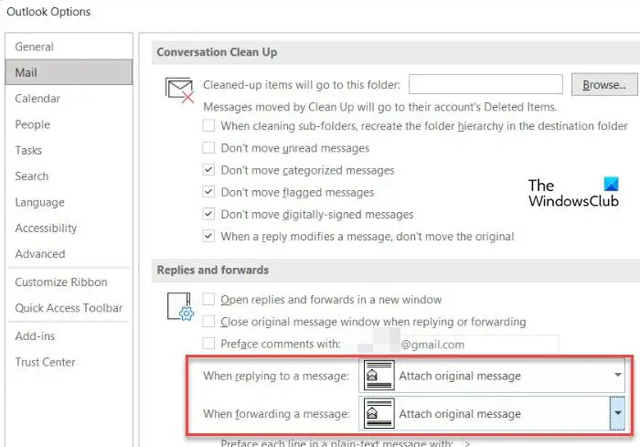 Enable Attach original message in Outlook
