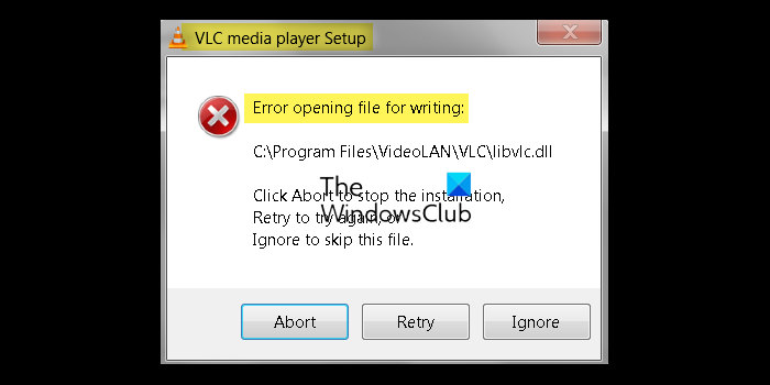 Error opening file for writing VLC Setup error