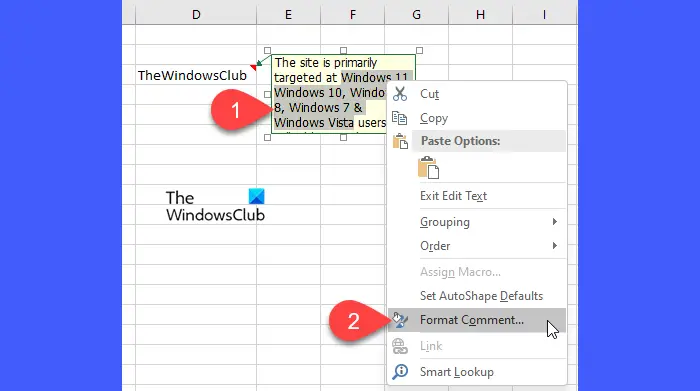 Format Comment option in Excel