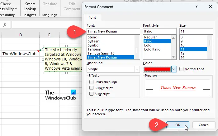 Formatting a comment in Excel