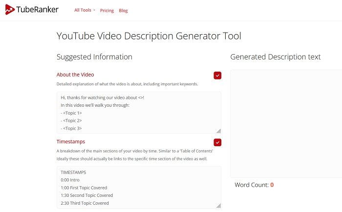 Free tool for YouTube descriptions