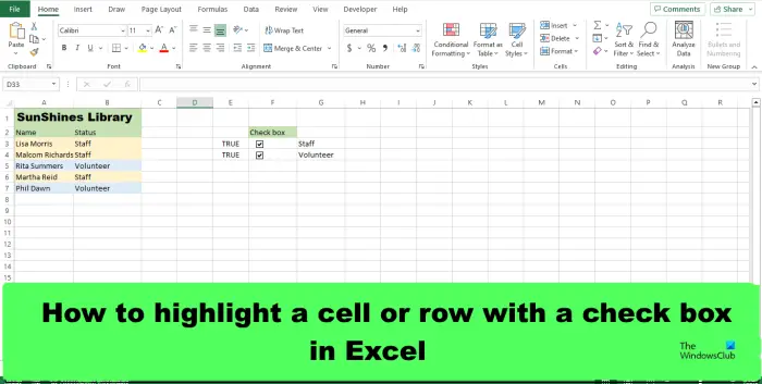 How to highlight Cell or Row with Checkbox in Excel