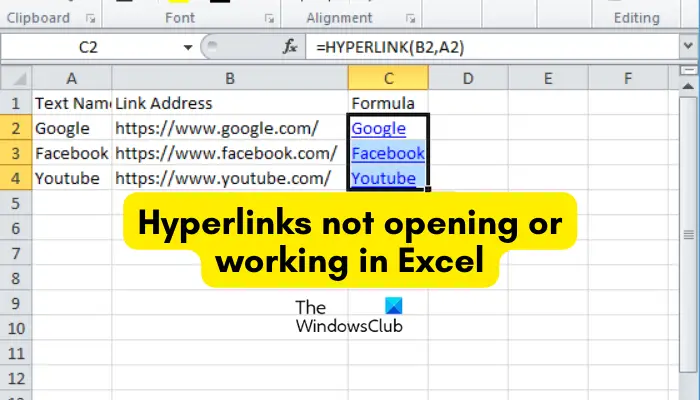 Hyperlinks not opening or working in Excel