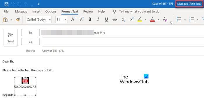 Mail format set to Rich Text in Outlook