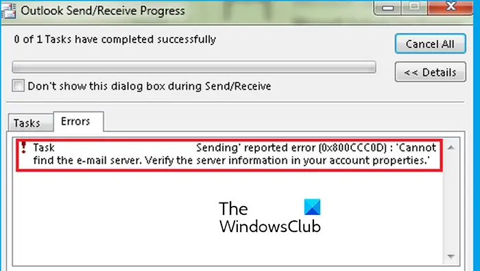 Outlook Error code 0x800CCC0D
