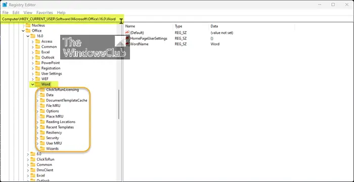 Reset Word to default settings via Registry Editor