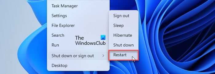 Restart Windows option in WinX menu