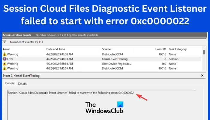 Session Cloud Files Diagnostic Event Listener failed to start with error 0xc0000022