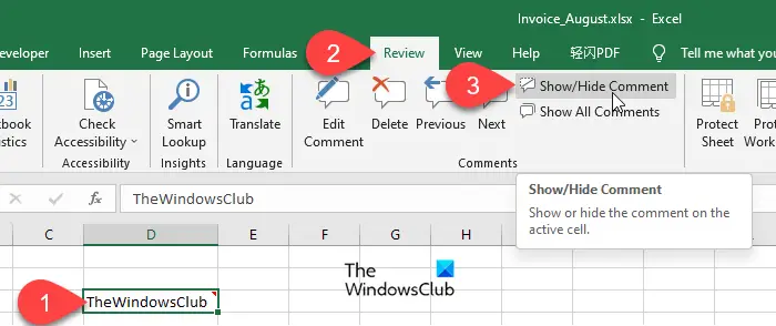 Showing a comment in Excel