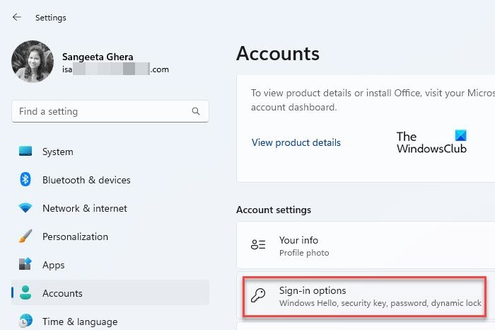 Sign-in options under Accounts settings