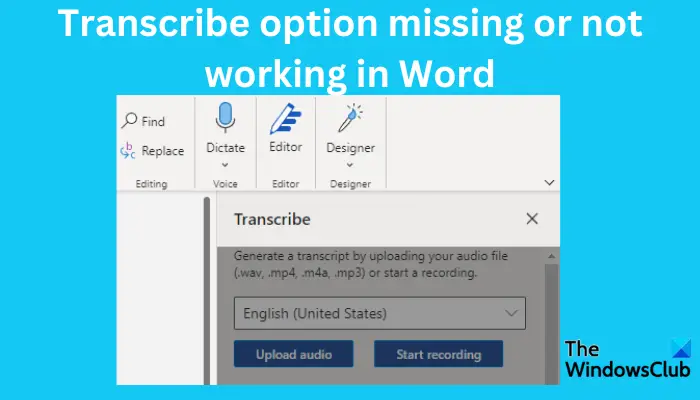 Transcribe option missing or not working in Word