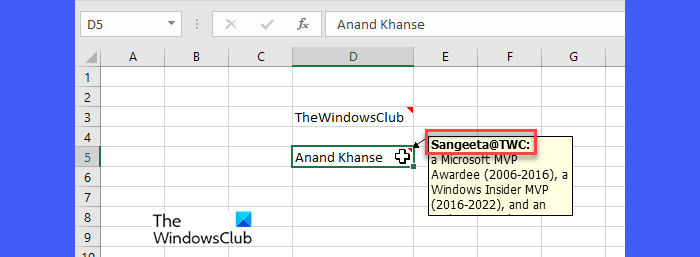 User name changed for comments in Excel