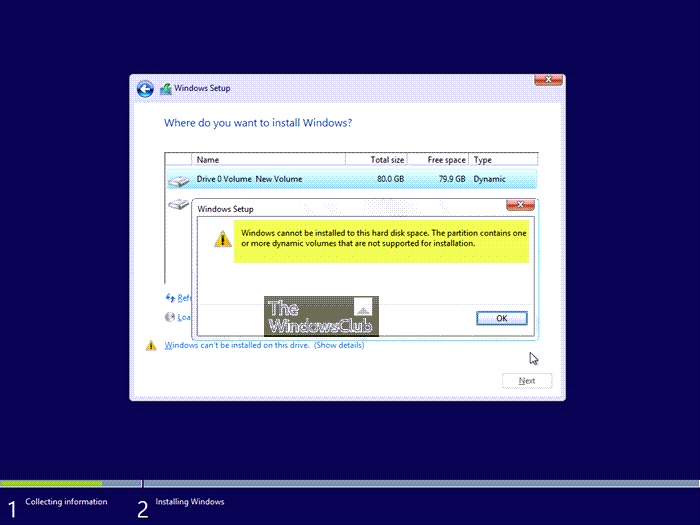 Windows cannot be installed on Dynamic Disk