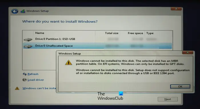 Setup does not support configuration of or installation to disks connected through a USB or IEEE 1394 port