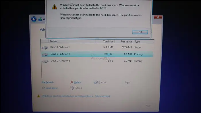 Windows must be installed to a partition formatted as NTFS