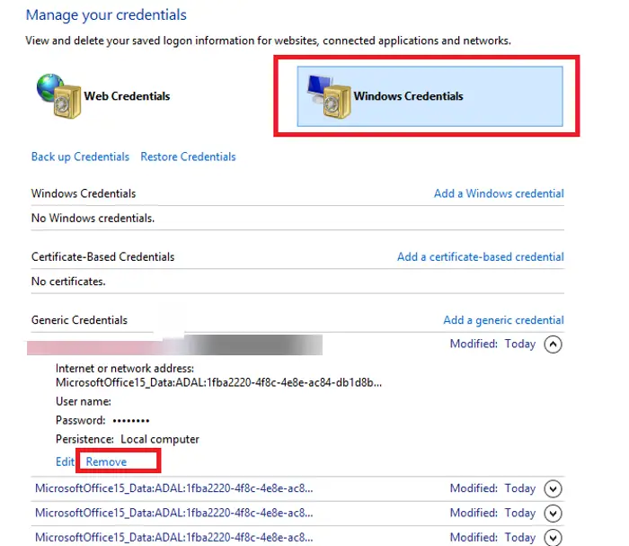 remove onedrive cahced credential