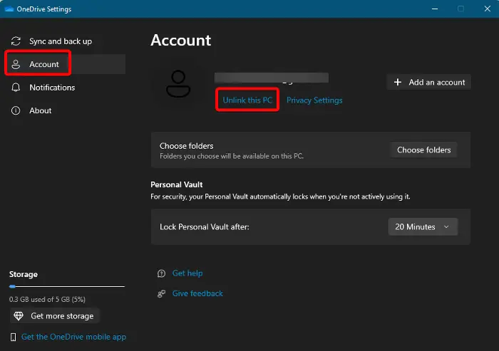 unlink this PC from OneDrive account settings
