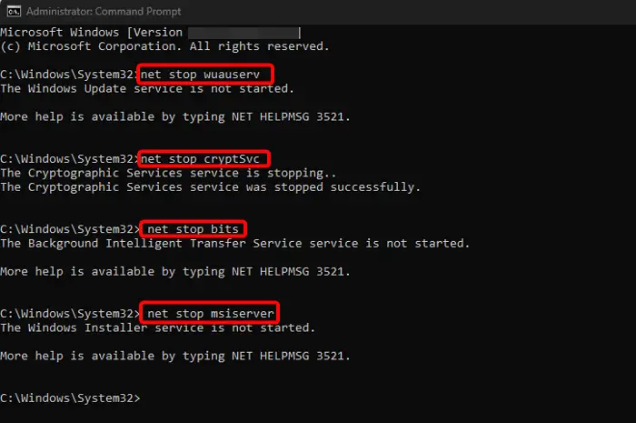 reset windows update services via command prompt