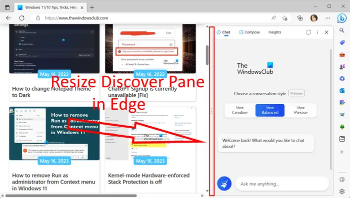 resize Discover pane in Microsoft Edge