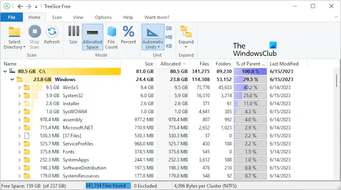 Analyze disk space using TreeSize