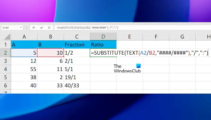 Calculate Ratio in Excel using the SUBSTITUTE function
