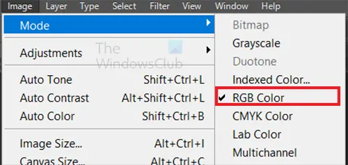 Can't save as jpeg or jpg in Photoshop - Color mode menu