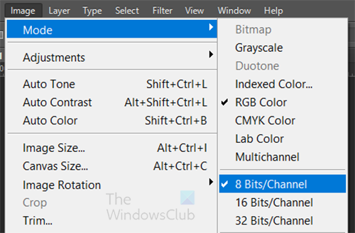 Can't save as jpeg or jpg in Photoshop - bit channel menu