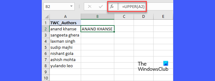 Change Case in Excel using the UPPER function