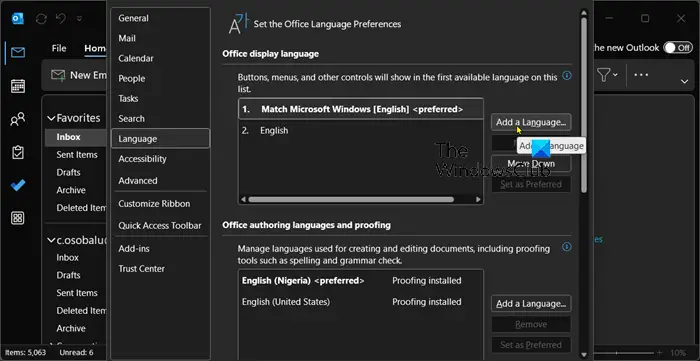 Change the default language in Outlook