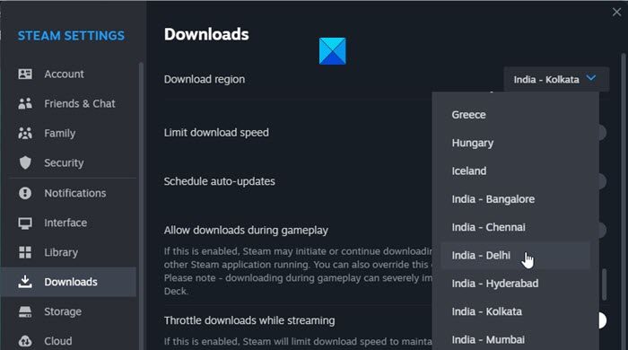 Changing the download server location in Steam