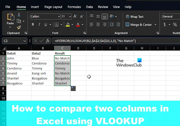 How to compare two columns in Excel using VLOOKUP